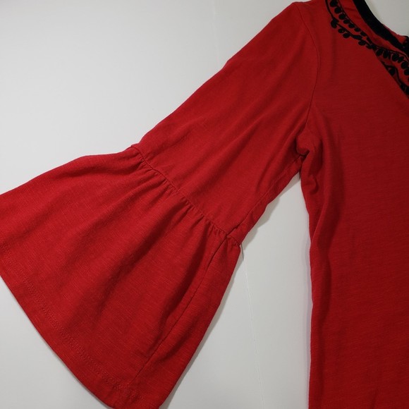 New Directions Red 3/4 Sleeve Blouse with Embroidery and Bell Sleeves, Size PL - Picture 7 of 10